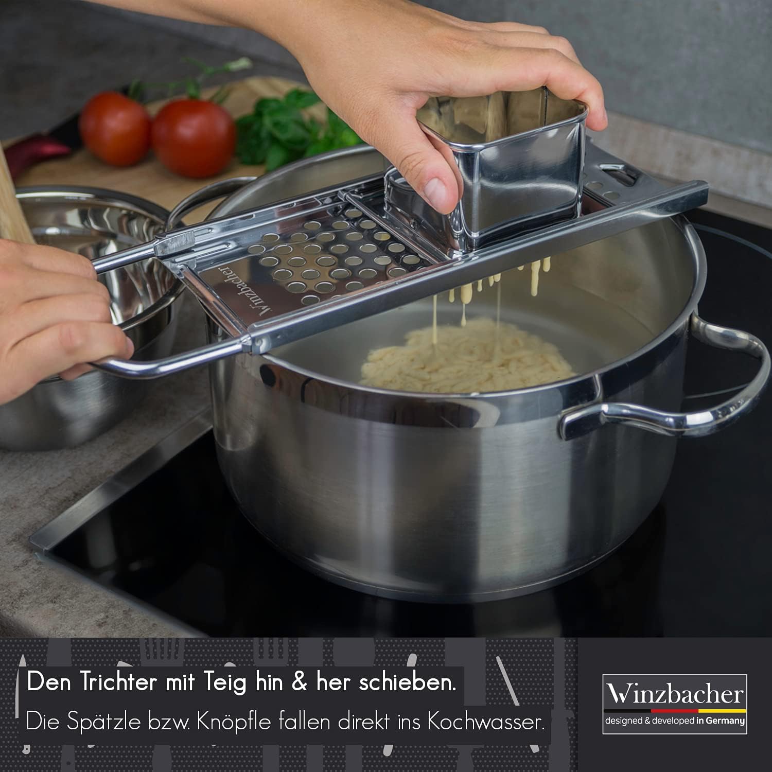 Stainless Steel Spaetzle Slicer + Ladle – 16‑30 cm Pot Diameter, Dishwasher Safe, Rustproof