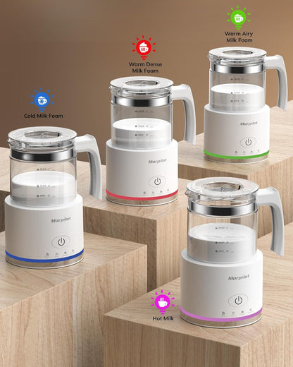 Morpilot 4-in-1 Electric Milk Frother 500ml Glass Jar Dishwasher-Safe White