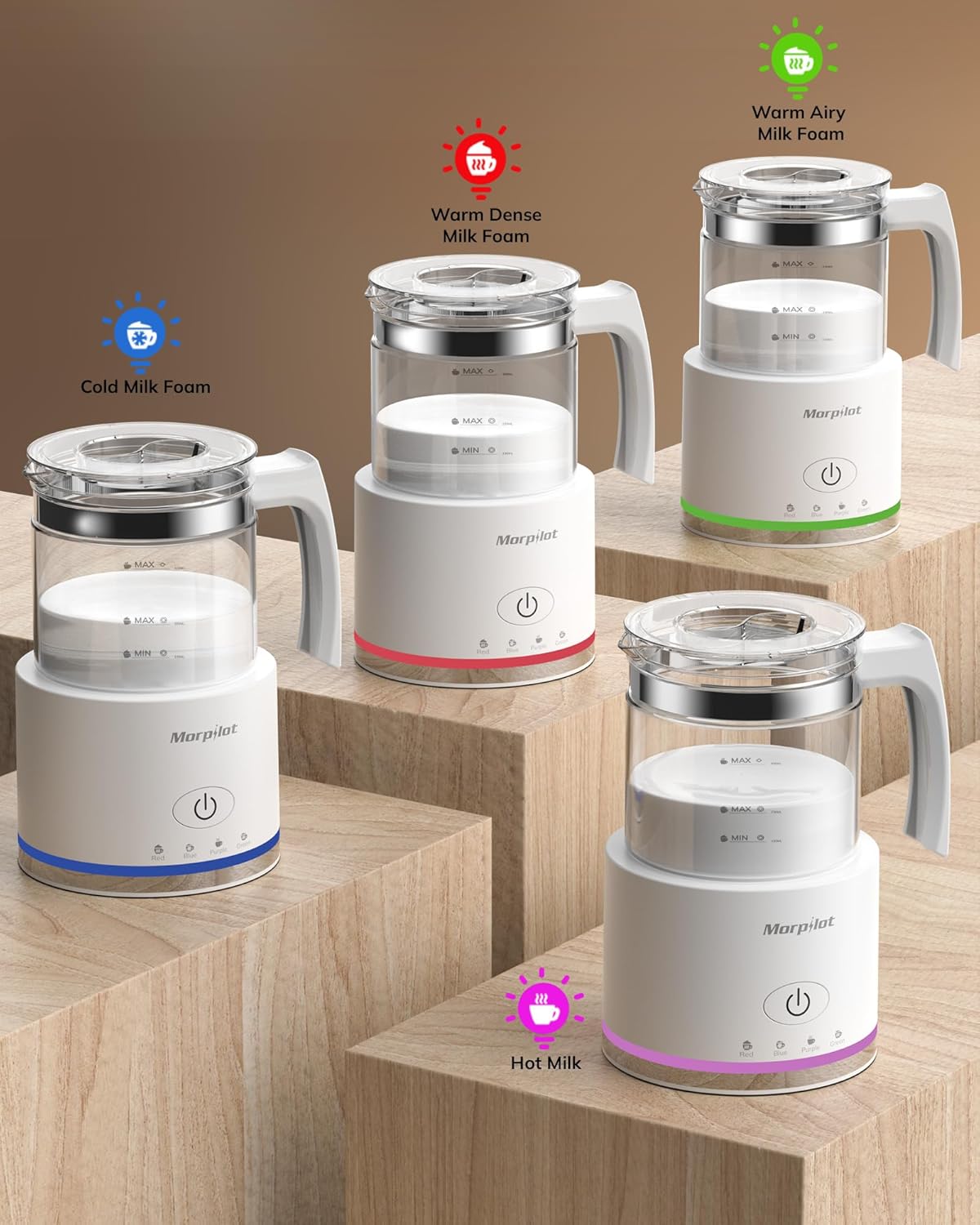 Morpilot Electric Glass Milk Frother: 4-in-1 Function, 500ml for Coffee & Lattes