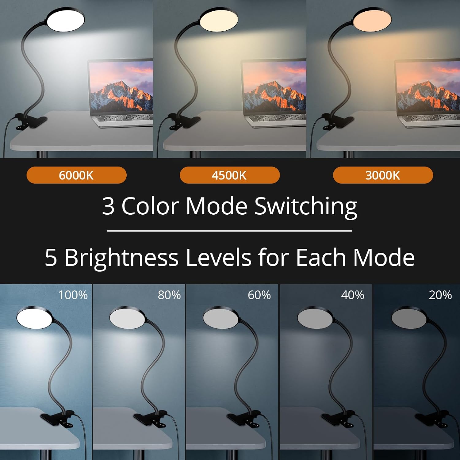 iFalarila LED Reading Light with Remote Clip-On Desk Lamp Dimmable Flexible Gooseneck 3 Color Modes 5 Brightness Levels