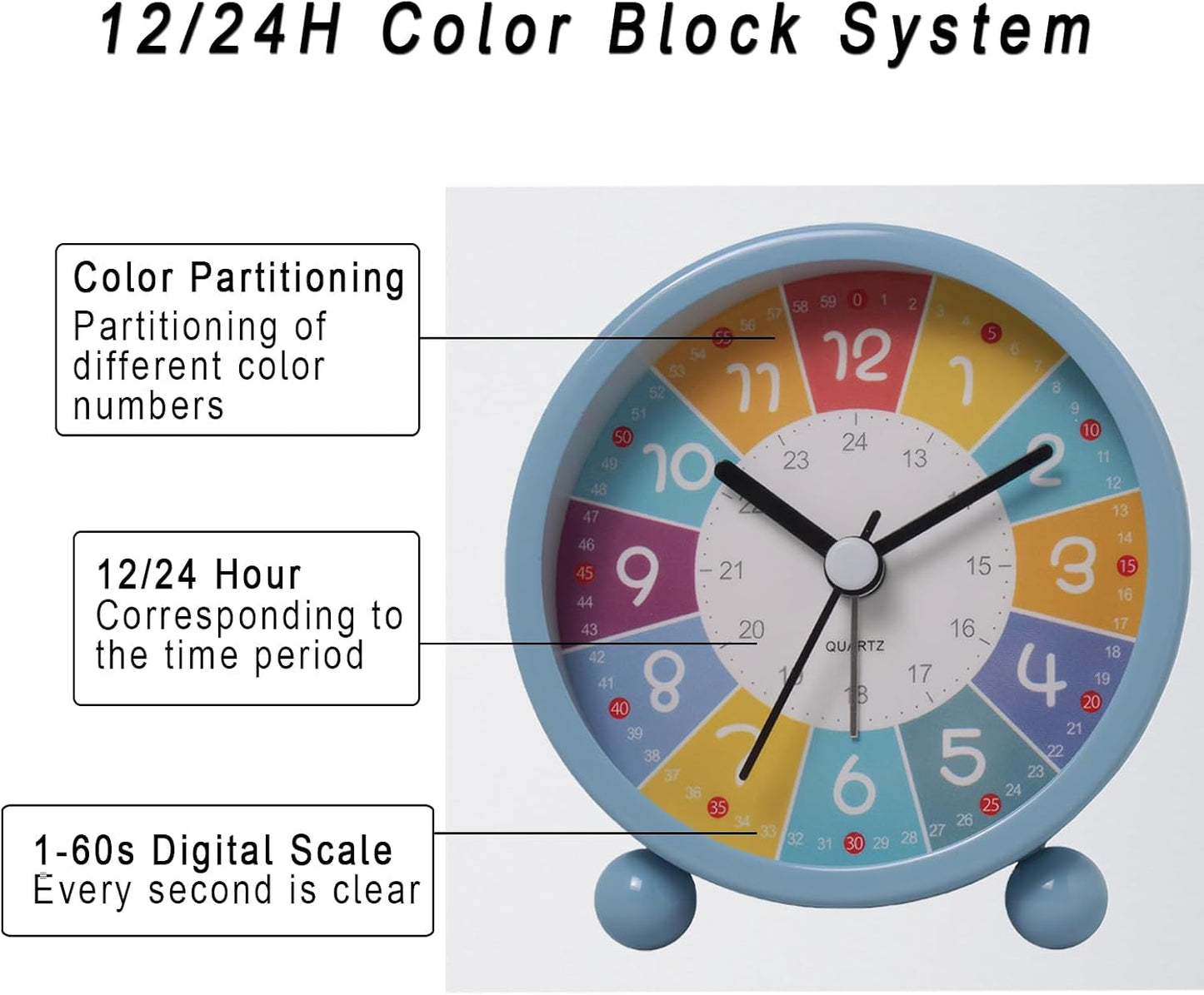 Lancoon Cute Alarm Clock with Color Coded Time Zones Digital Dial Silent Movement Metal Casing Blue