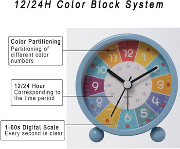 Lancoon Cute Alarm Clock with Color Coded Time Zones Digital Dial Silent Movement Metal Casing Blue
