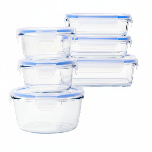 Amazon Basics Clear Glass Food Storage Set with Blue Lids