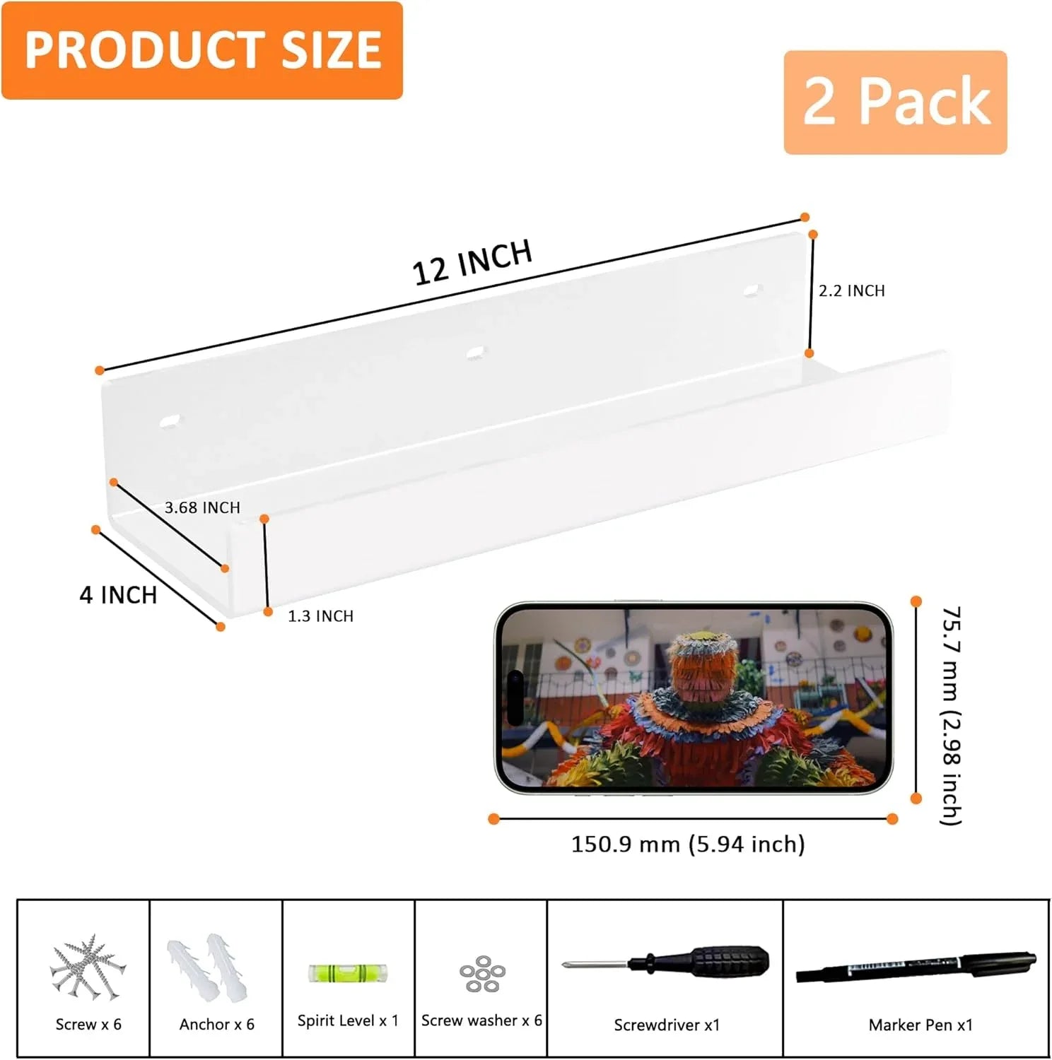 HexsonHomsa 12 Inch White Acrylic Wall Shelf – Sturdy Floating Organizer - Gomix Brands Outlet