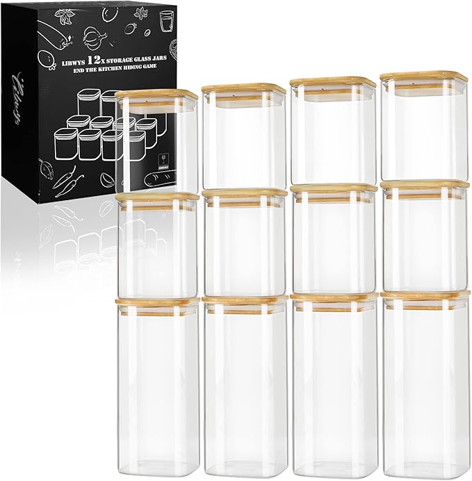 LIBWYS 12-Piece Square Glass Storage Jars with Bamboo Lids