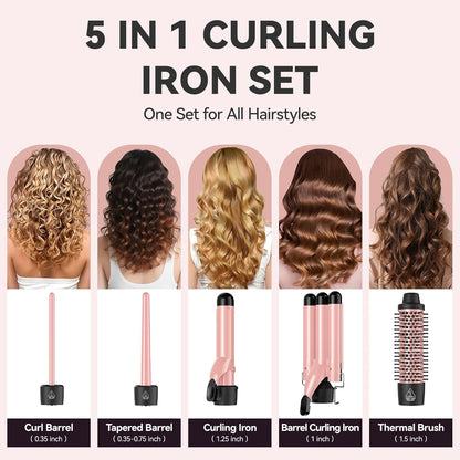 MAX-T 5-in-1 Interchangeable Curling Wand Set with Ceramic Tourmaline Barrels