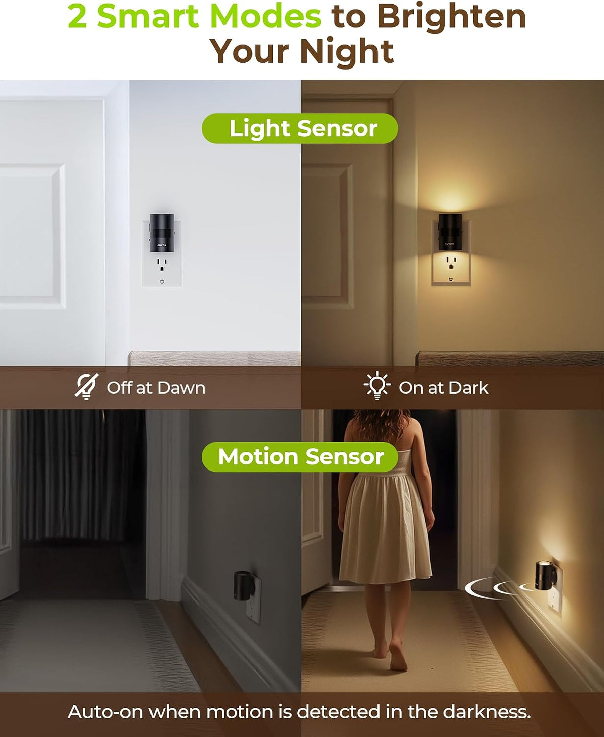 AUVON NL14110W2 Plug in Motion Sensor LED Night Light 2 Pack