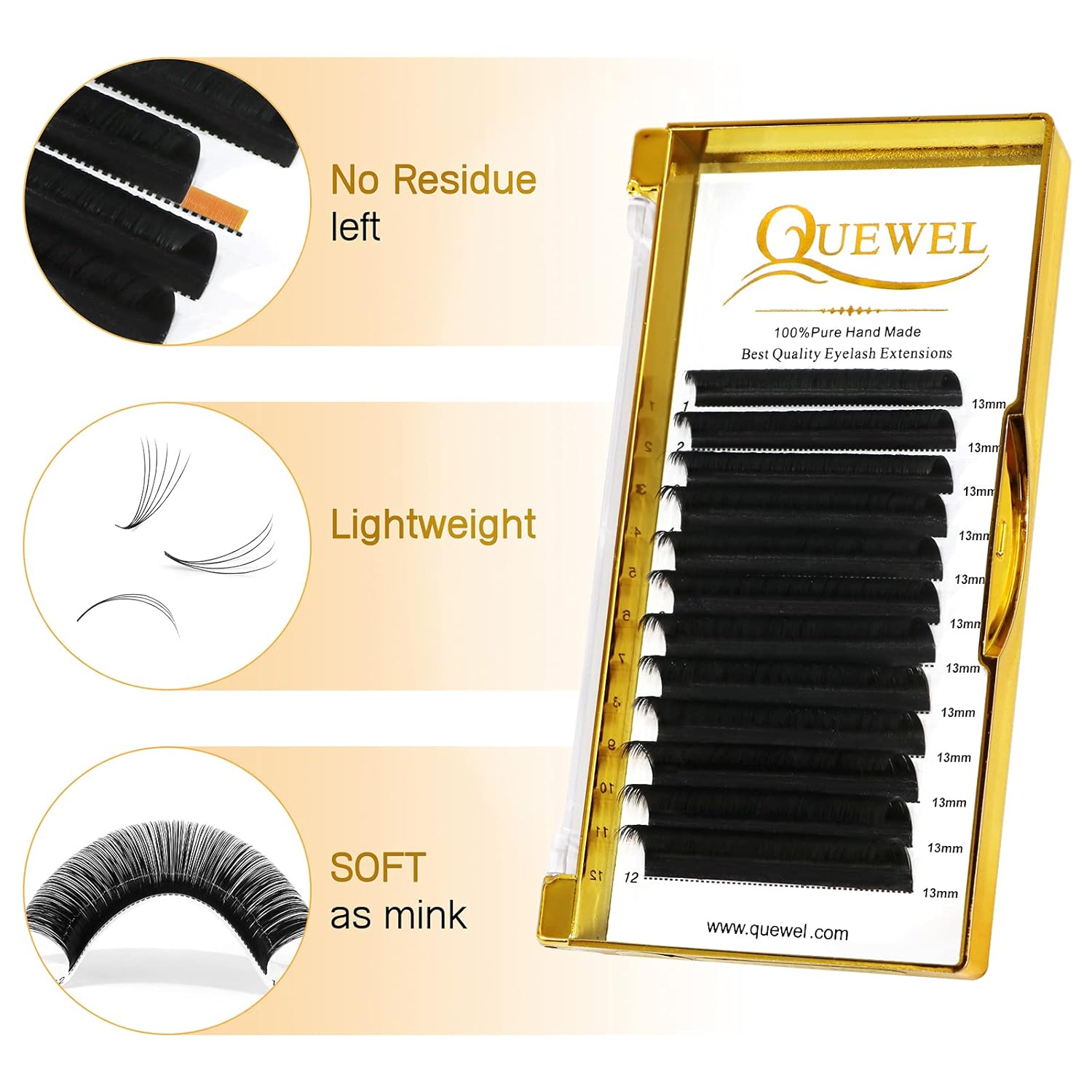 QUEWEL Easy Fan Volume Eyelash Extensions 13mm 0.03 C Curl Soft Lightweight Cruelty-Free