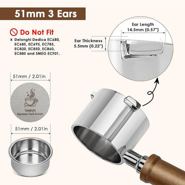 YMWVH 51mm Bottomless Portafilter with Walnut Handle for DeLonghi