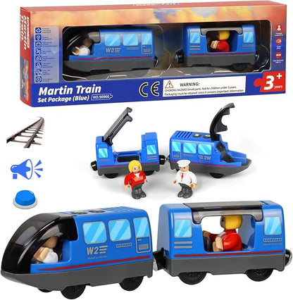 Blue Battery-Powered Electric Train for Wooden Railway Sets