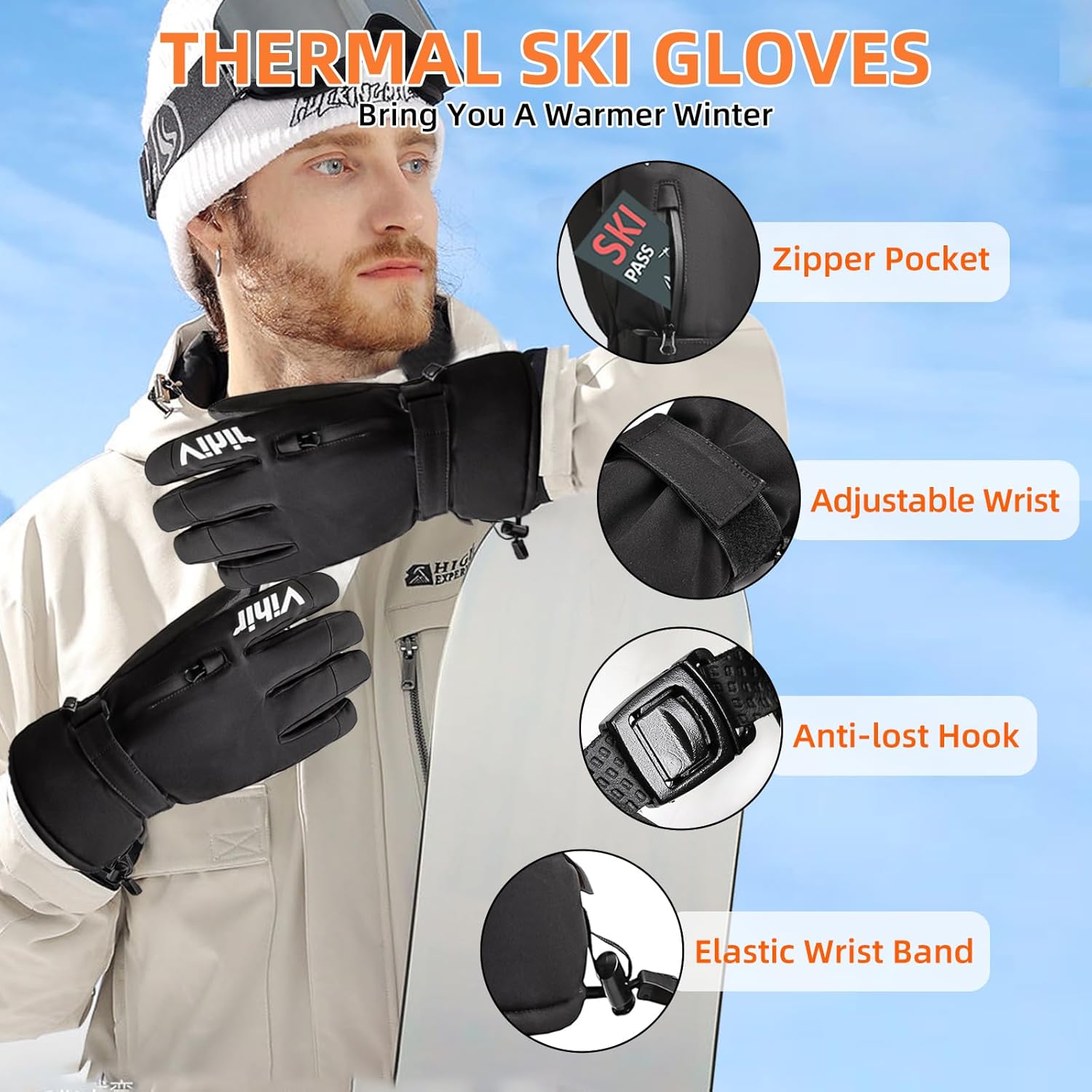Men's 3M Thinsulate Waterproof Winter Ski Gloves with Touchscreen