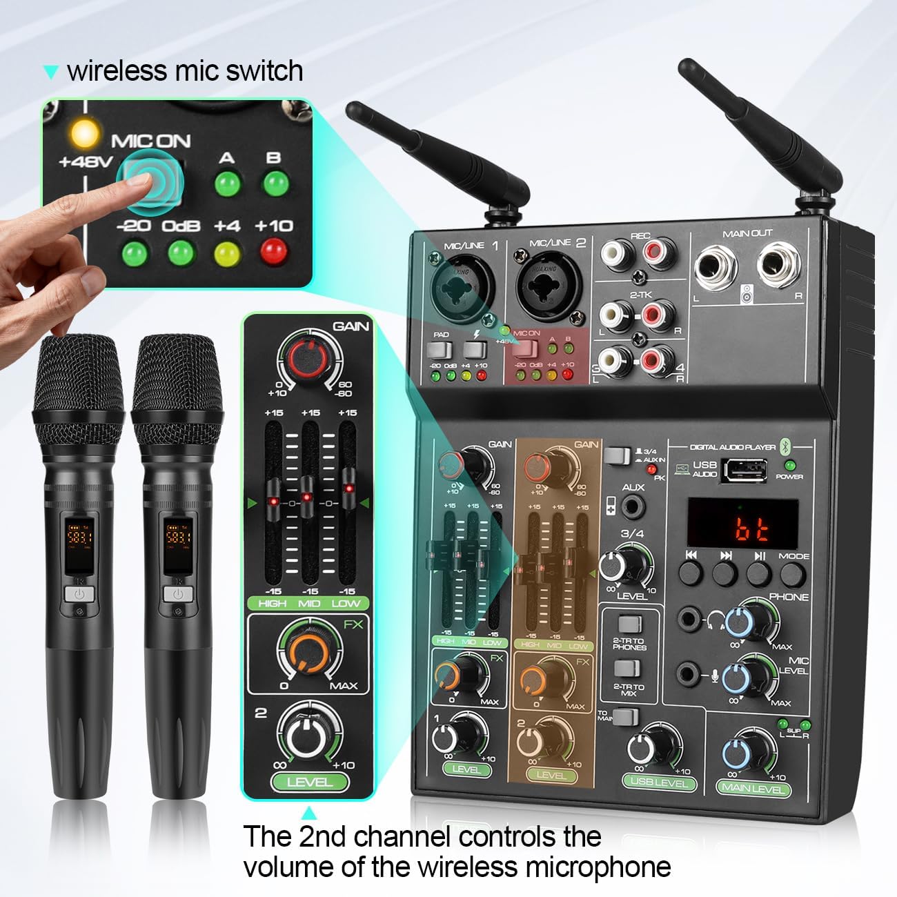 Depusheng 4‑Channel Audio Mixer with Dual Wireless Mic