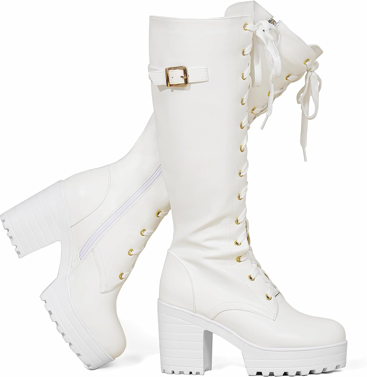 White Gothic Platform Knee-High Boots with Block Heel