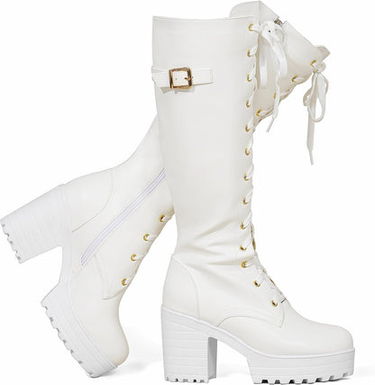 White Gothic Platform Knee-High Boots with Block Heel