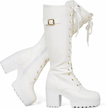 White Gothic Platform Knee-High Boots with Block Heel