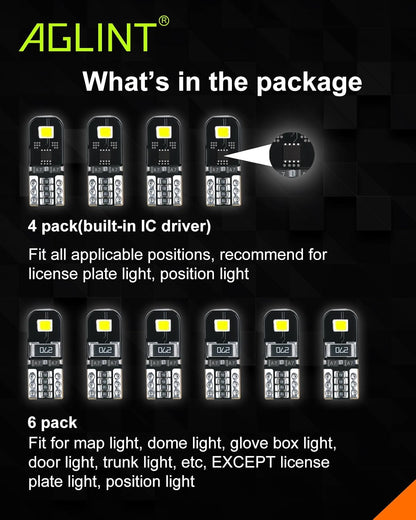 AGLINT 10X T10 W5W Canbus Error-Free LED Bulbs 2SMD Super Bright 194 2825 168 Wedge for Car Interior Dome Map Door Side Marker License Plate Lights 6500K Xenon White
