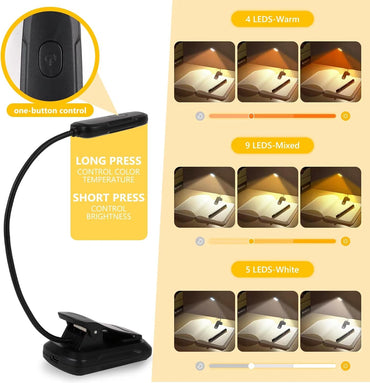 Amolaty LED Rechargeable Book Light, 9 Modes, Clip-On