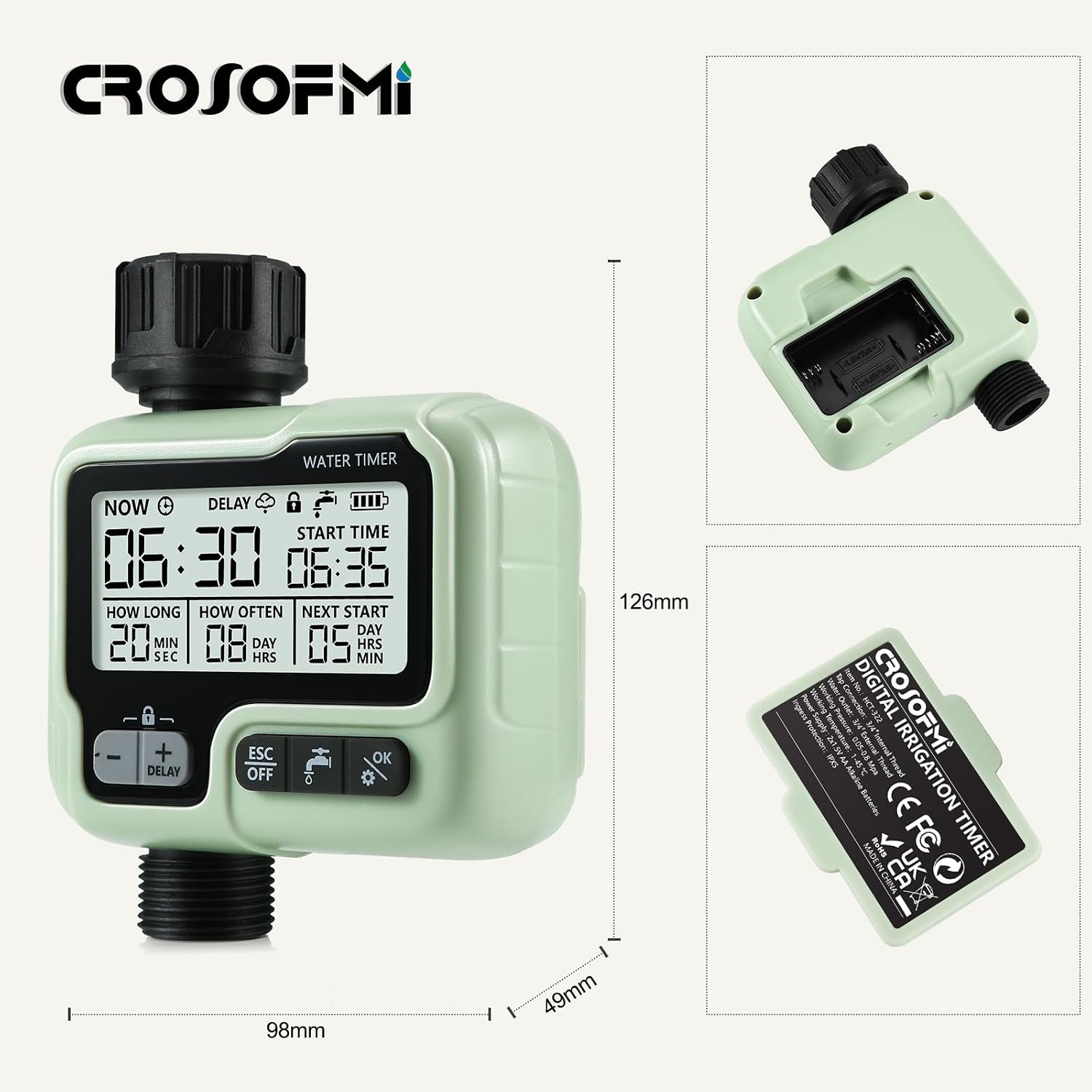 CROSOFMI HCT-322 Watering Timer Programmable Garden Hose Faucet with Rain Delay