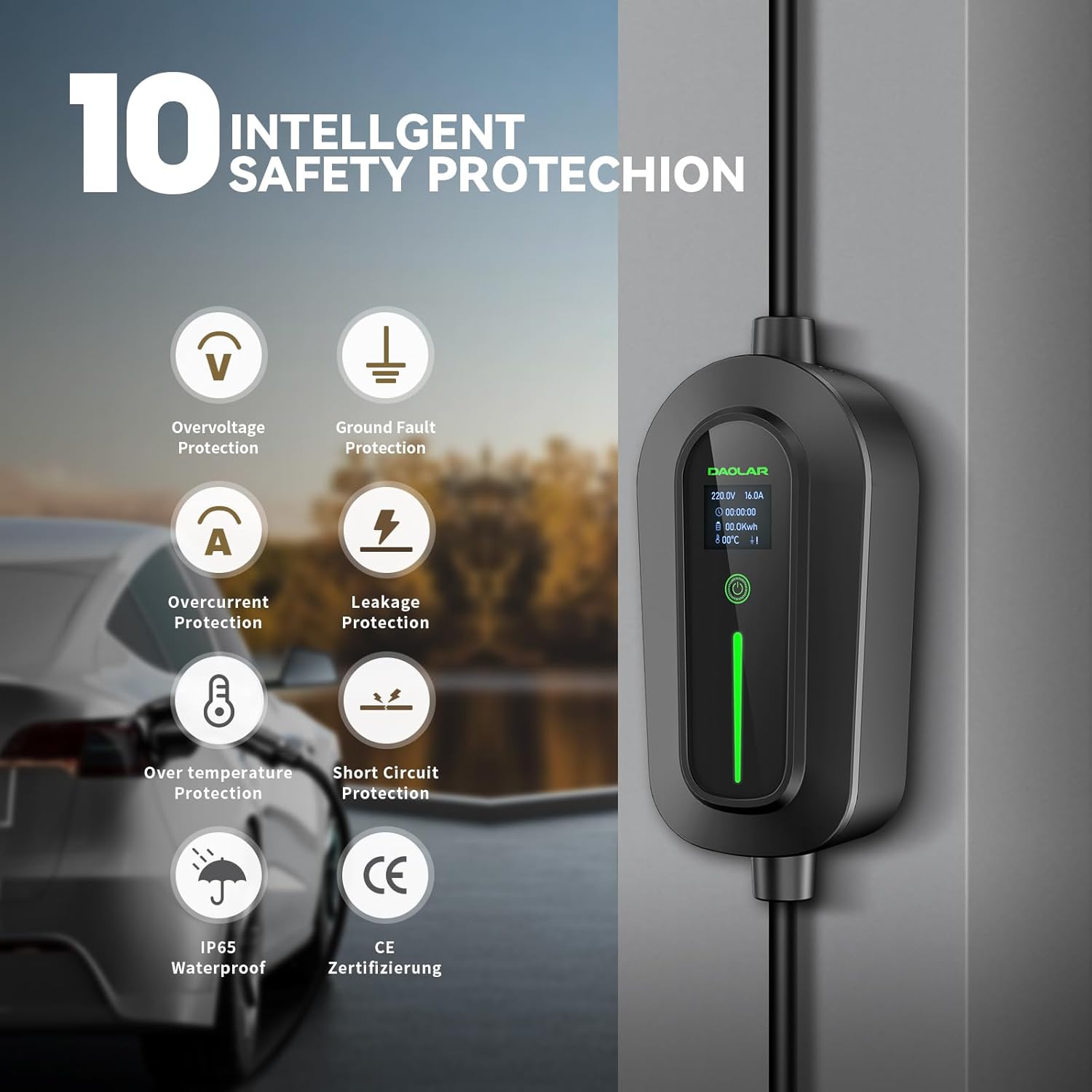 DAOLAR Portable Type 2 EV Charger: Adjustable 6-16A Three-Phase Smart Charging