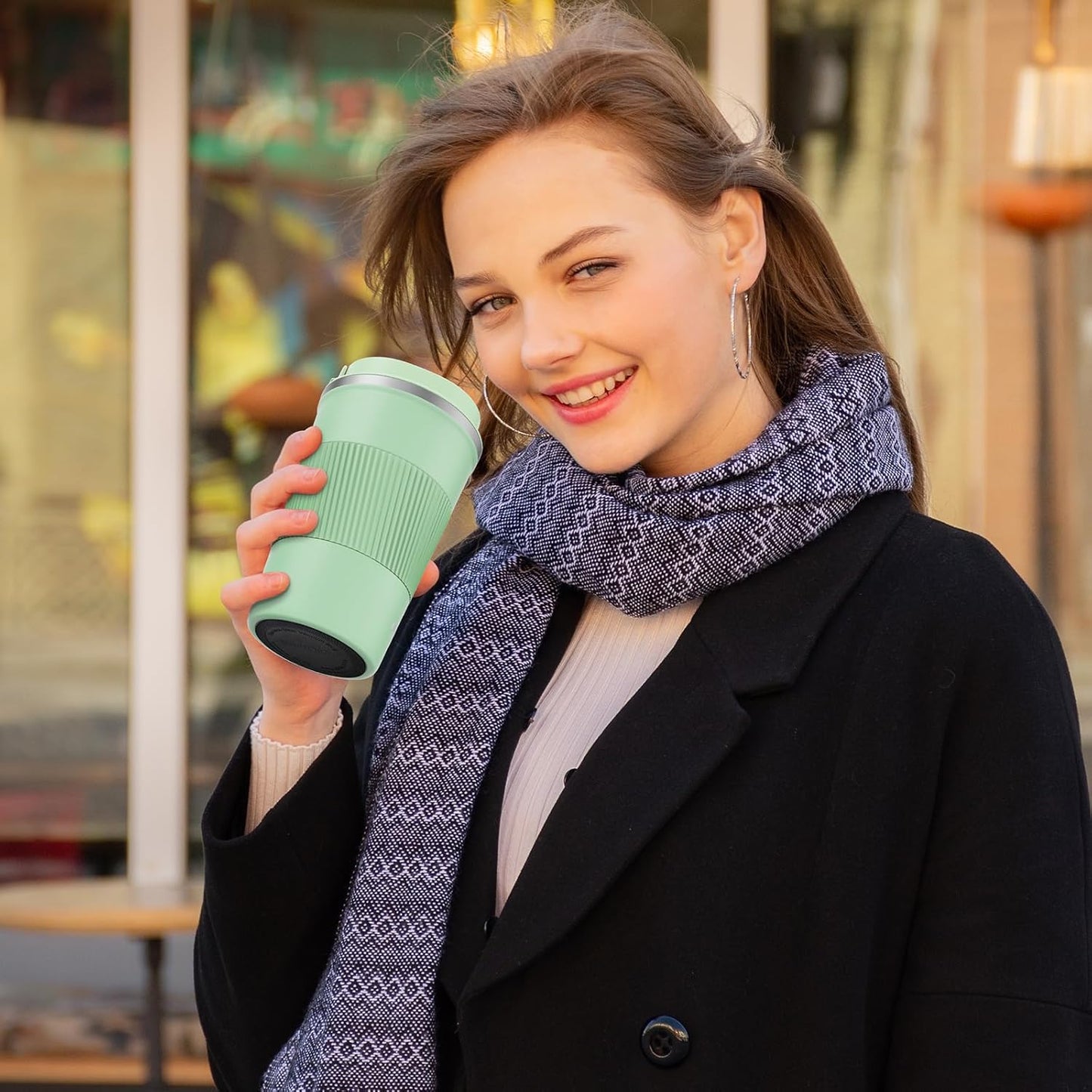 CS COSDDI 380ml Olive Green Insulated Travel Mug – Leakproof Stainless Steel Cup