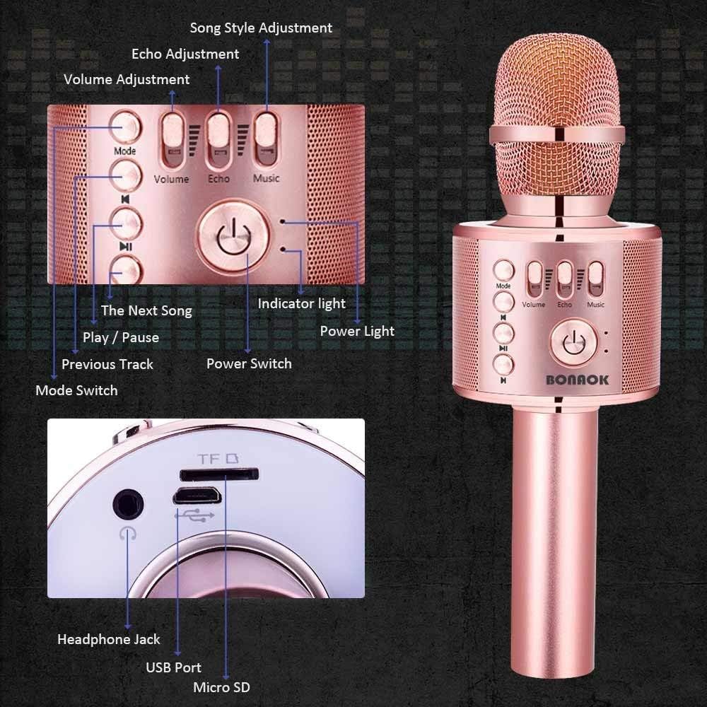 BONAOK Rose Gold Bluetooth Karaoke Microphone 3-in-1 Portable Speaker