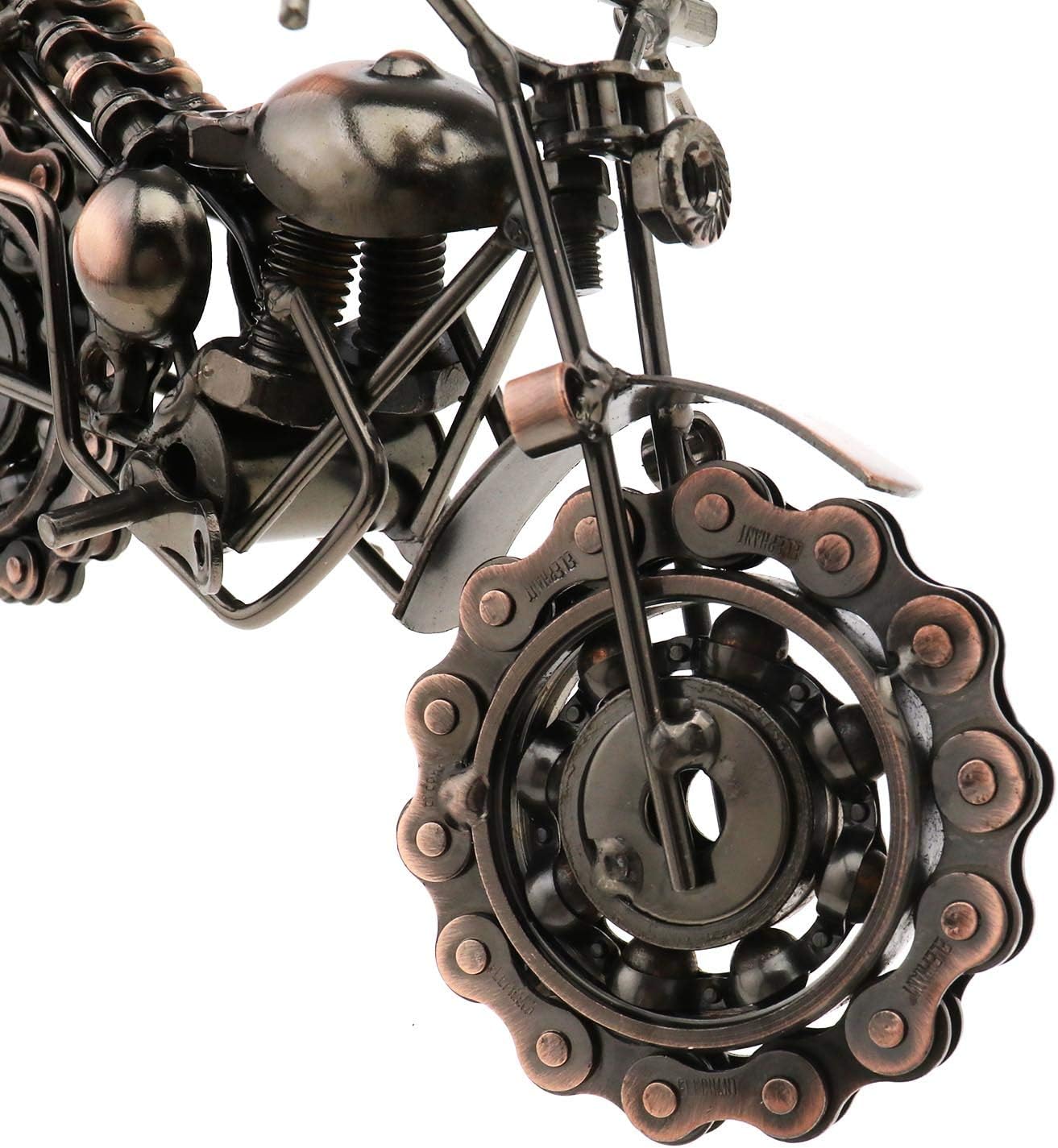 Retro Vintage Bronze Metal Motorcycle Sculpture with Rolling Wheels