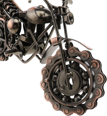 Retro Vintage Bronze Metal Motorcycle Sculpture with Rolling Wheels