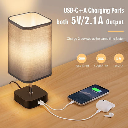 Bedside Lamps Set of 2 – Touch‑Control, USB‑C/A Charging, 3‑Way Dimmable Table Lamps with Grey Fabric Shade