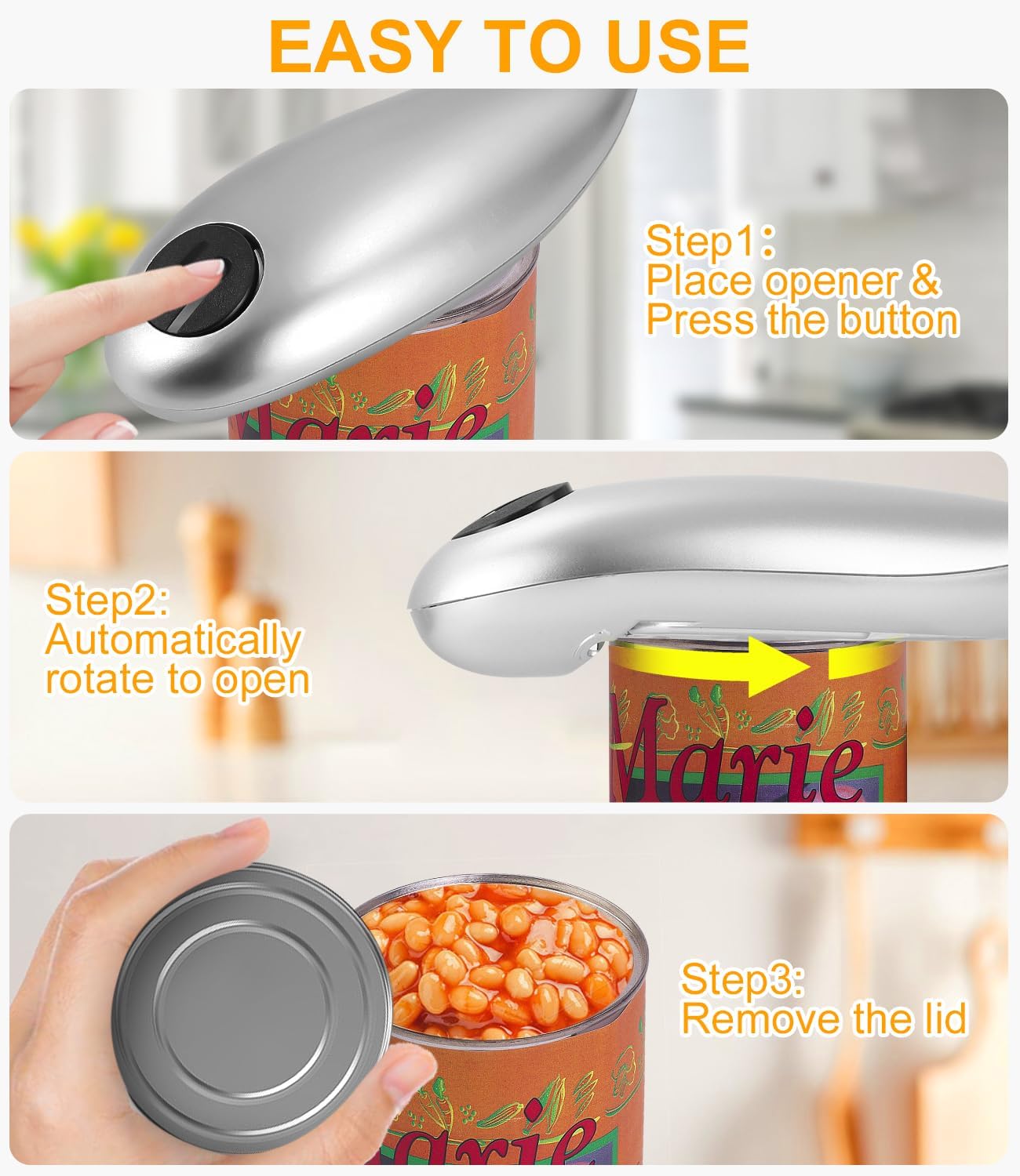 Yulado Electric Can Opener One-Touch Automatic Stainless Steel Blade Silver Black