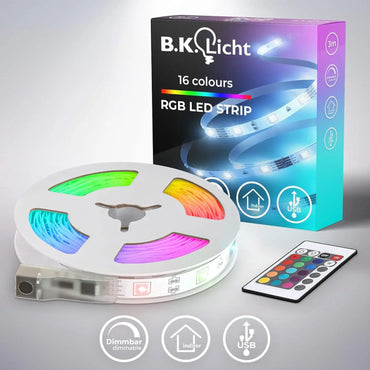 B.K.Licht USB RGB LED Strip Light, Dimmable Remote Control, 3m Room Decor - Gomix Brands Outlet