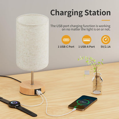 Suright Bedside Lamps Set of 2 with USB A+C Charging Ports 3-Way Dimmable Touch Control Table Lamp with Linen Fabric Shade LED Bulb Included