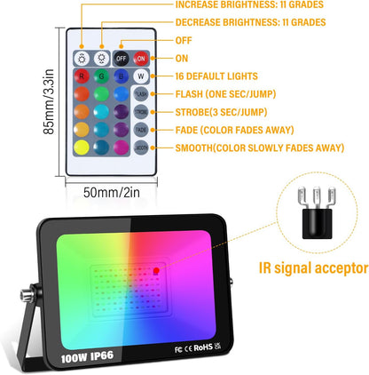 PICAA Outdoor Security LED Floodlight 100W RGB Color Changing with Remote Control IP66 Waterproof Dimmable Wall Light