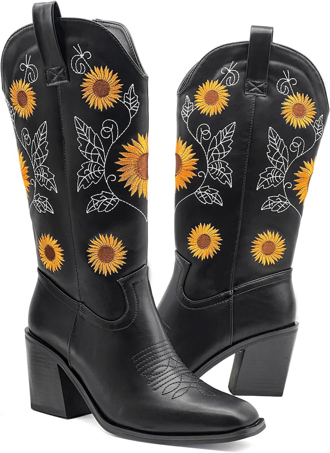 Women's Mid-Calf Western Cowboy Boots with Sunflower Embroidery Pointed Toe Chunky Heel