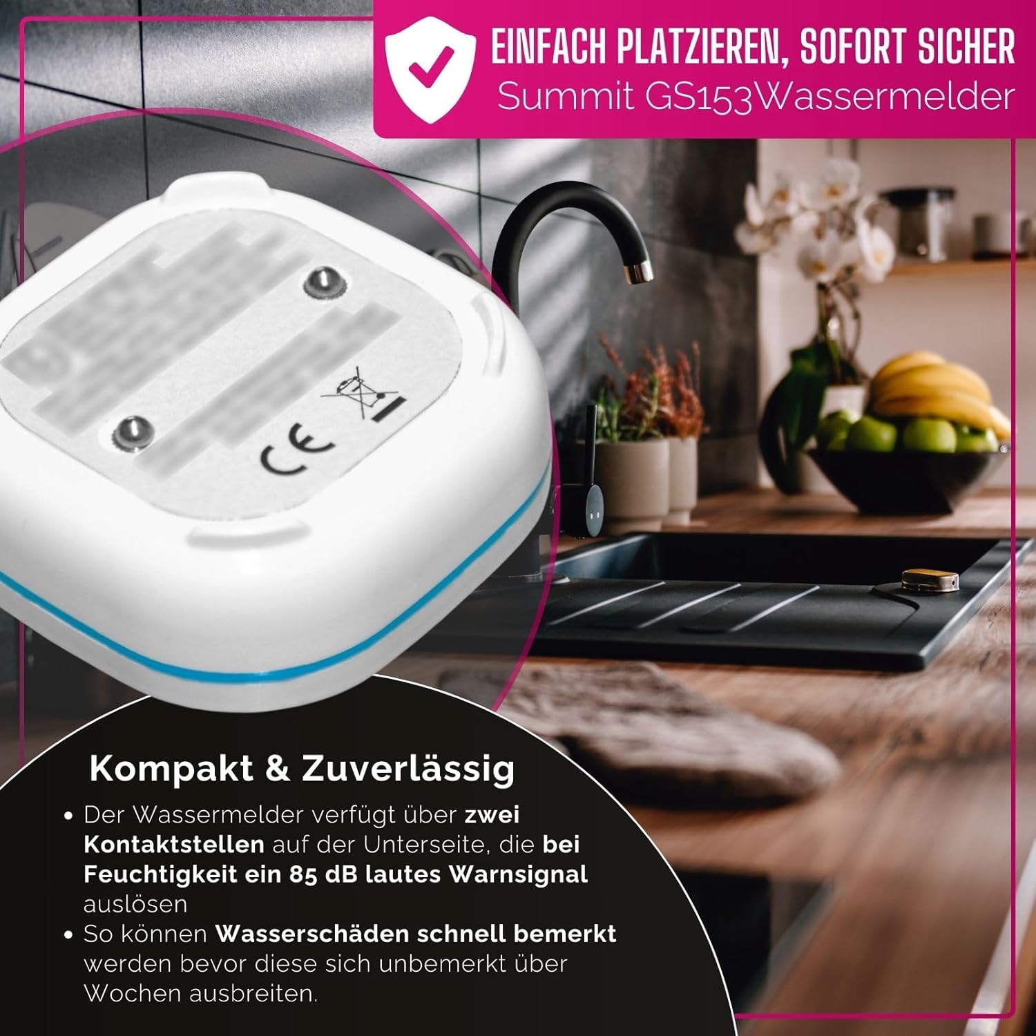 Summit GS153 Compact Battery-Powered Water Detector with 85dB Alarm