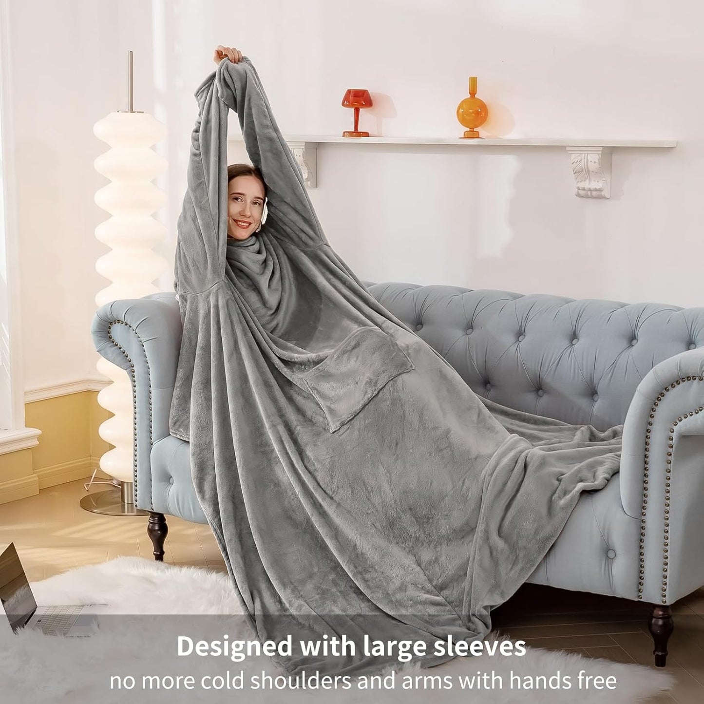 RUIKASI Grey Fleece Wearable Blanket with Sleeves and Foot Pocket