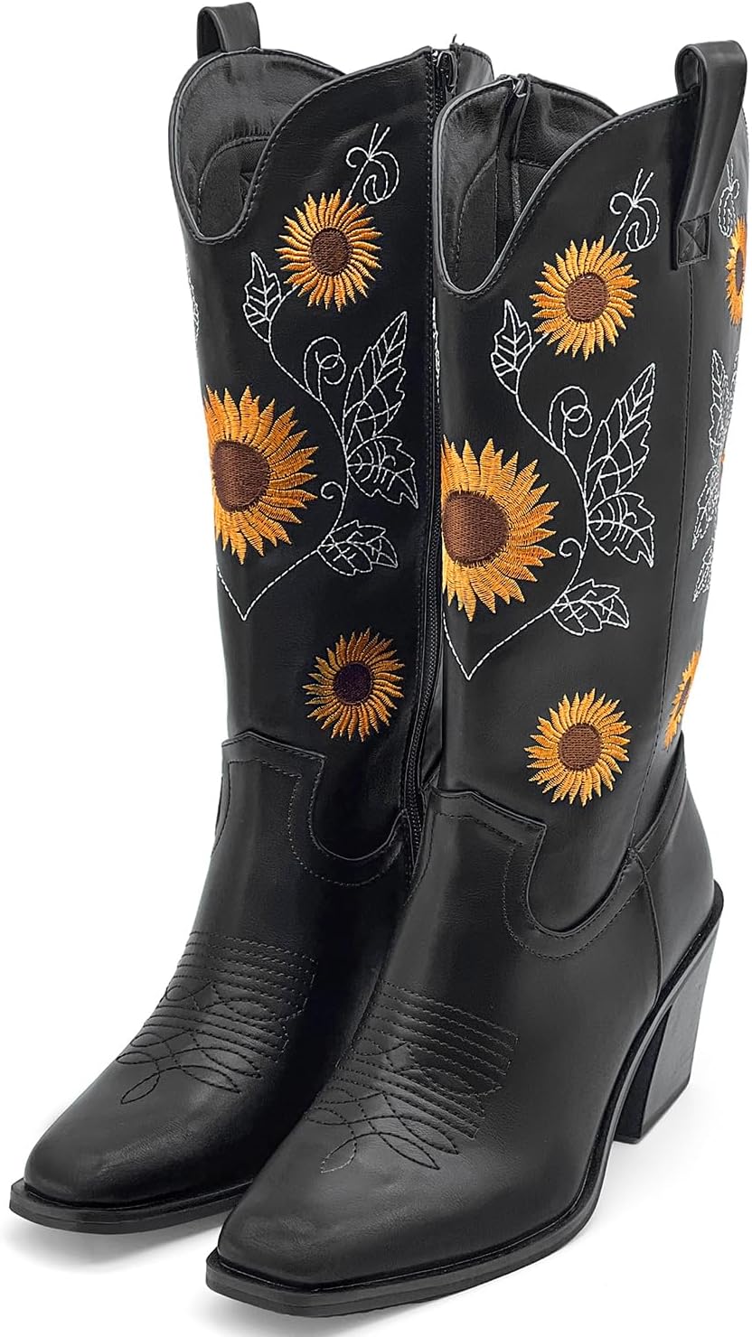 Women's Mid-Calf Western Cowboy Boots with Sunflower Embroidery Pointed Toe Chunky Heel