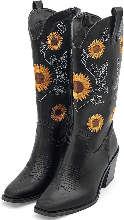 Women's Mid-Calf Western Cowboy Boots with Sunflower Embroidery Pointed Toe Chunky Heel