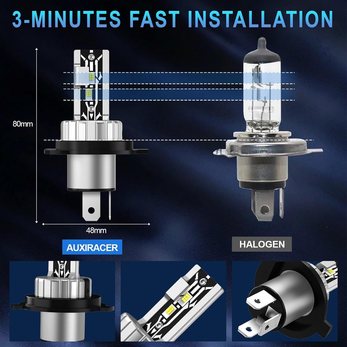 AUXIRACER H4 LED Bulbs 80W 6500K Cool White 12V IP68 Waterproof 1:1 Mini Size Plug-N-Play for Car Pack of 2