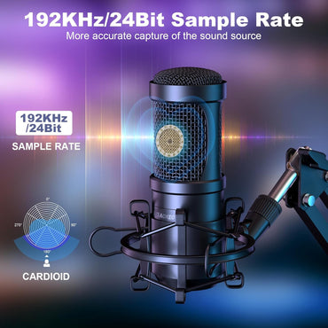 Aokeo AK-60 USB Condenser Microphone Kit – 192kHz/24bit Cardioid Mic with Boom Arm, Shock Mount & Pop Filter