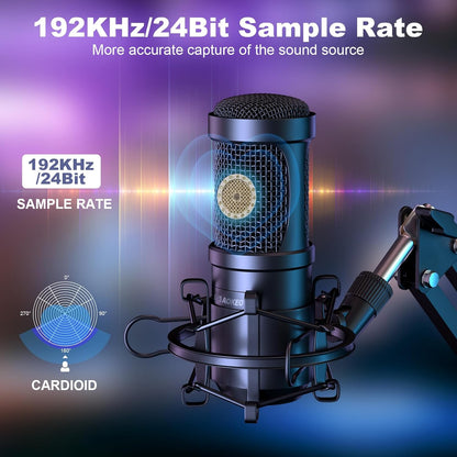 Aokeo AK-60 USB Condenser Microphone Kit – 192kHz/24bit Cardioid Mic with Boom Arm, Shock Mount & Pop Filter