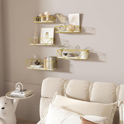 Gold Floating Shelves Wall Mounted Set of 5, Hanging Storage Floating Shelf for Bathroom, Kitchen, Bedroom, Living Room (Gold)