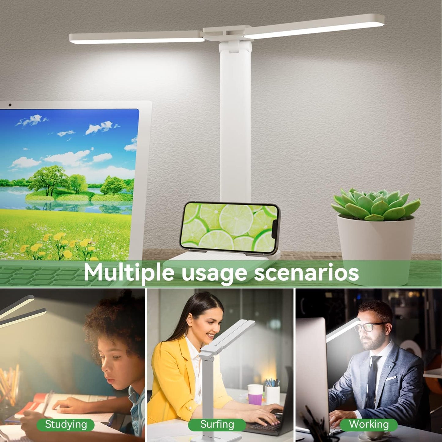 Hepside Double Head LED Desk Lamp Dimmable 3 Color Temperatures USB Touch Control