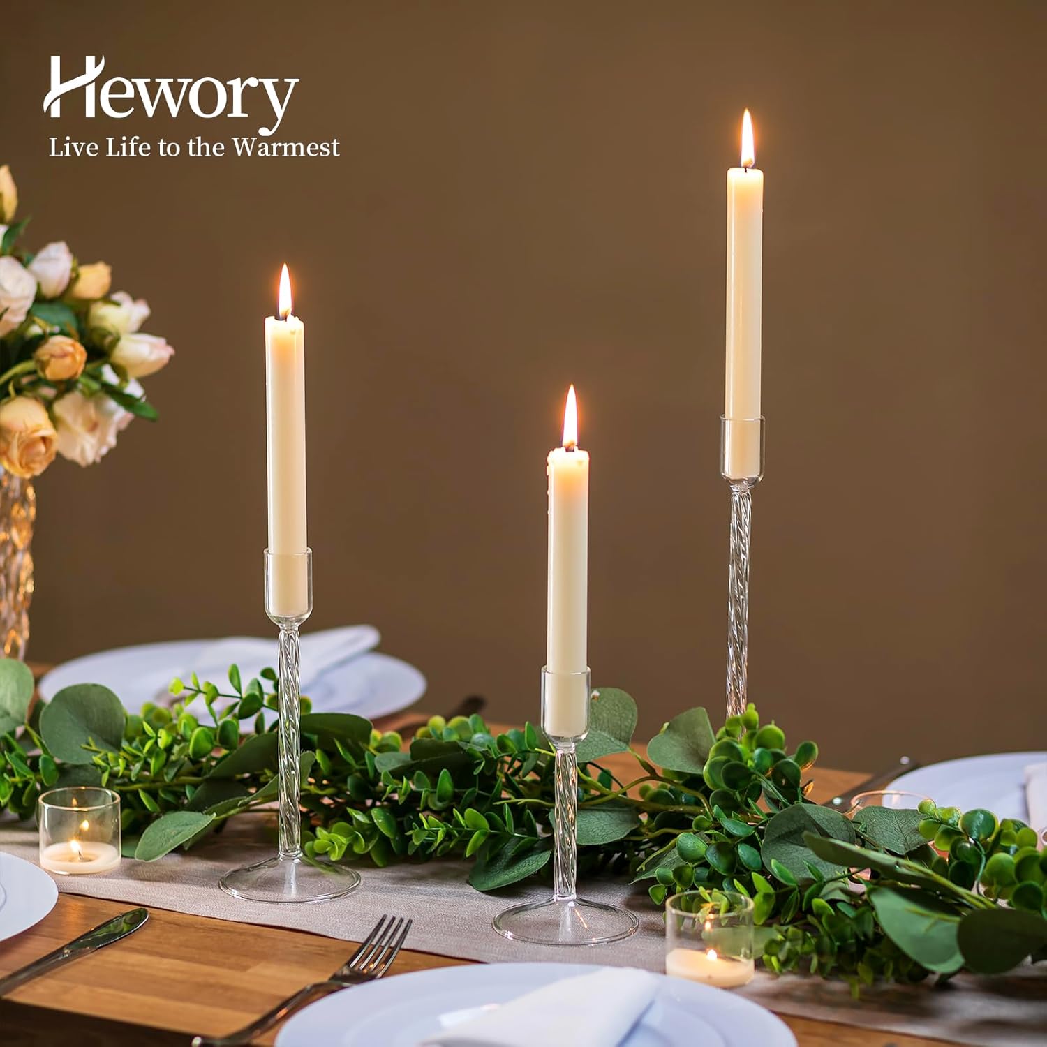 Hewory Vintage Glass Candle Holders Set – 3 Elegant Taper Stands