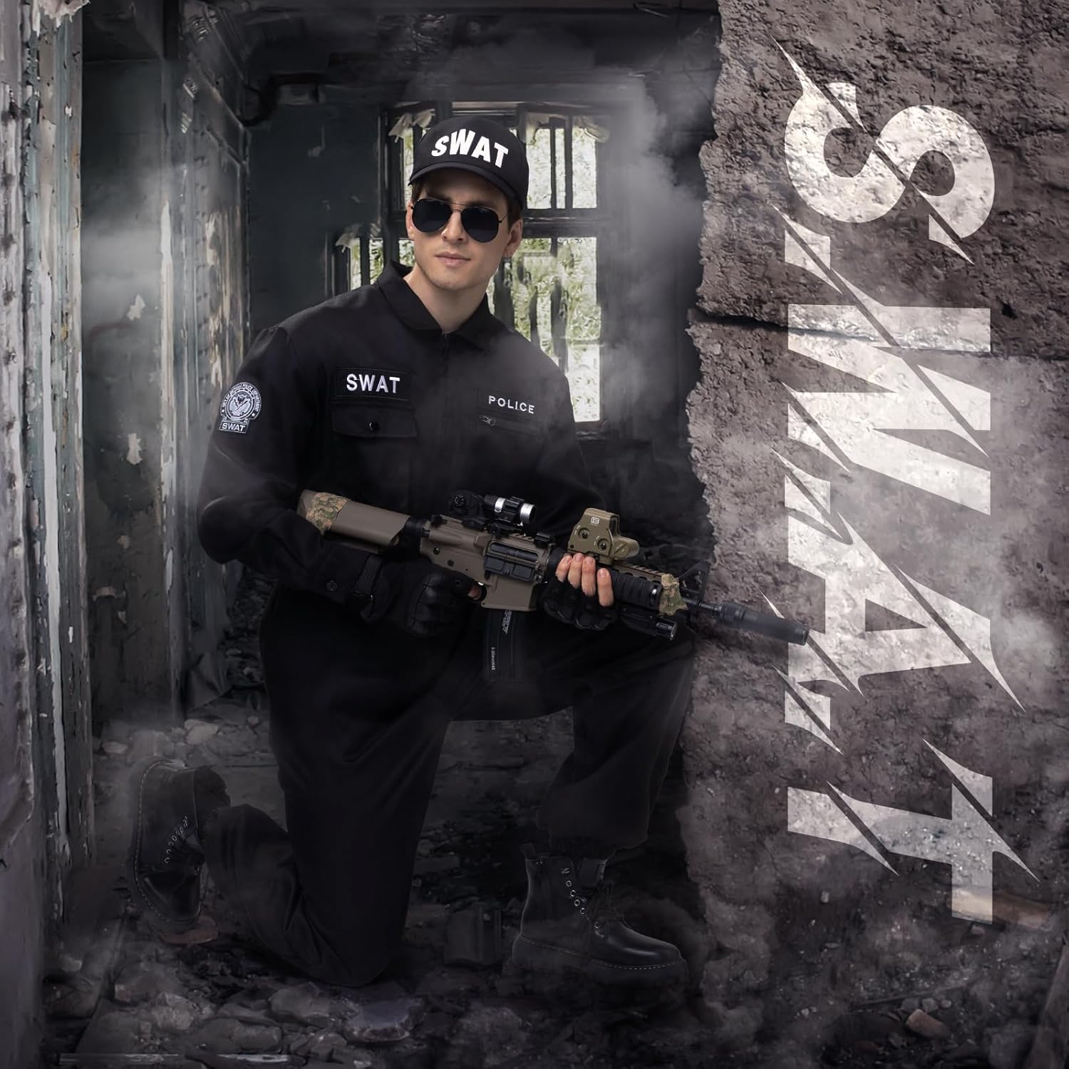 Ulikey Men's Tactical SWAT Jumpsuit with Cap, Sunglasses, Gloves