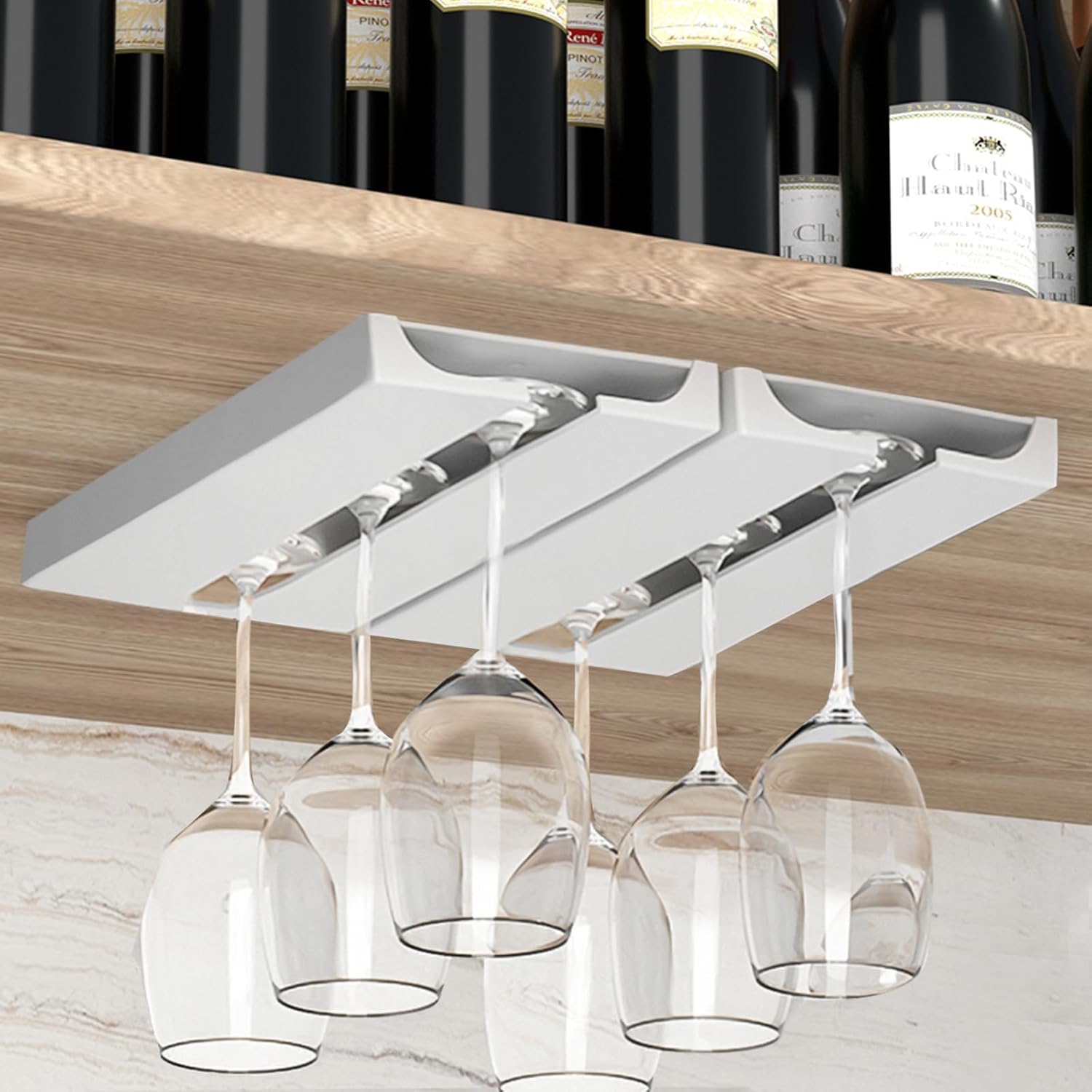 2 Pack Plastic Wine Glass Rack – Punch‑Free Under‑Cabinet (White)
