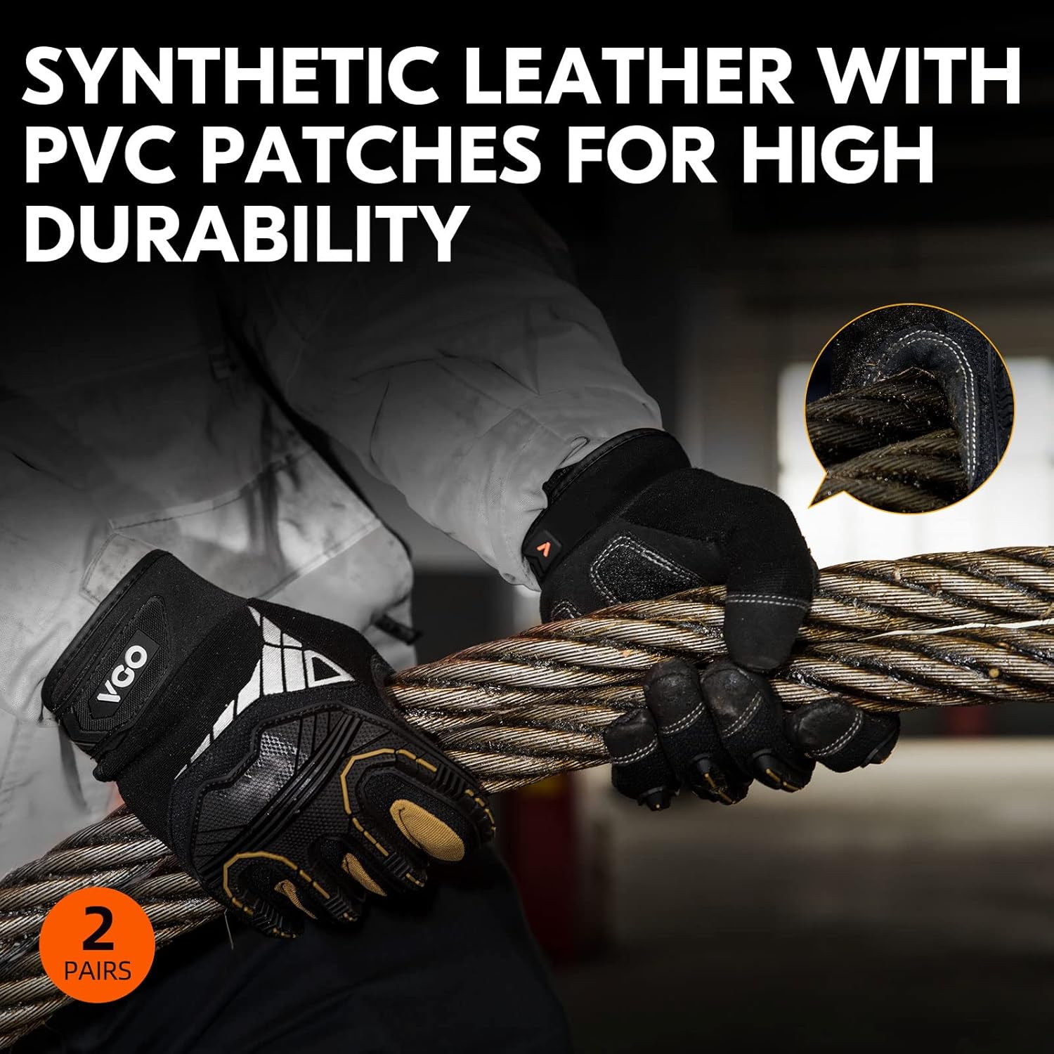 Vgo 2-Pairs Safety Work Gloves, Mechanics, Impact, Anti-Vibration, Black, Medium