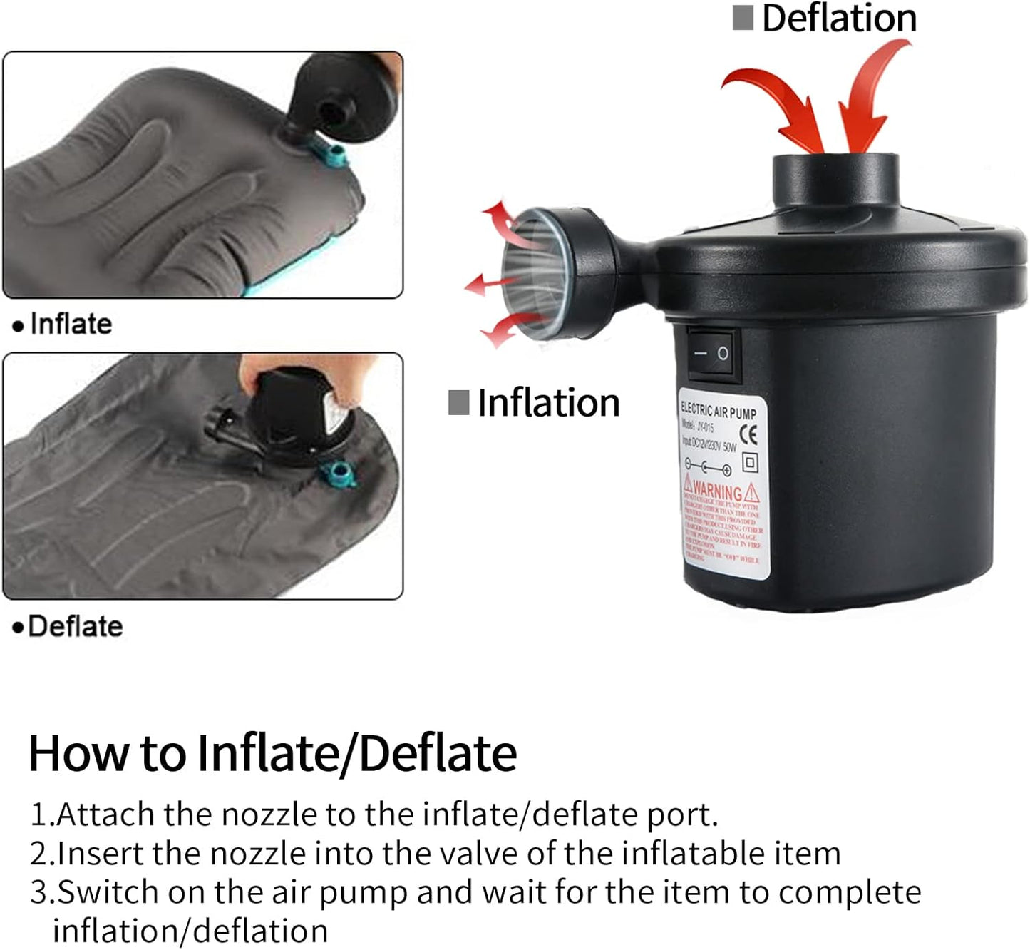 Black Portable AC110V/DC12V Electric Air Pump with 3 Nozzles