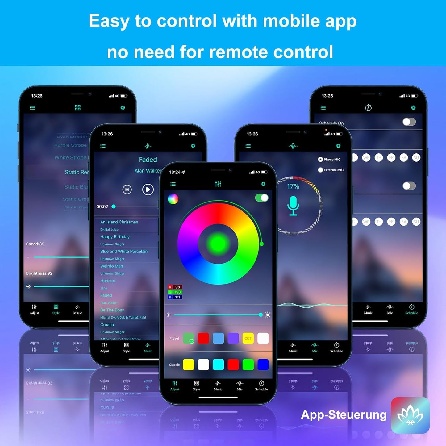 Wilktop RGB Car Interior LED Strip with App 12V