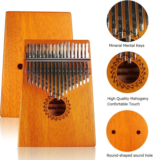 17 Key Thumb Piano Mahogany Wood, Portable Mbira Finger Piano