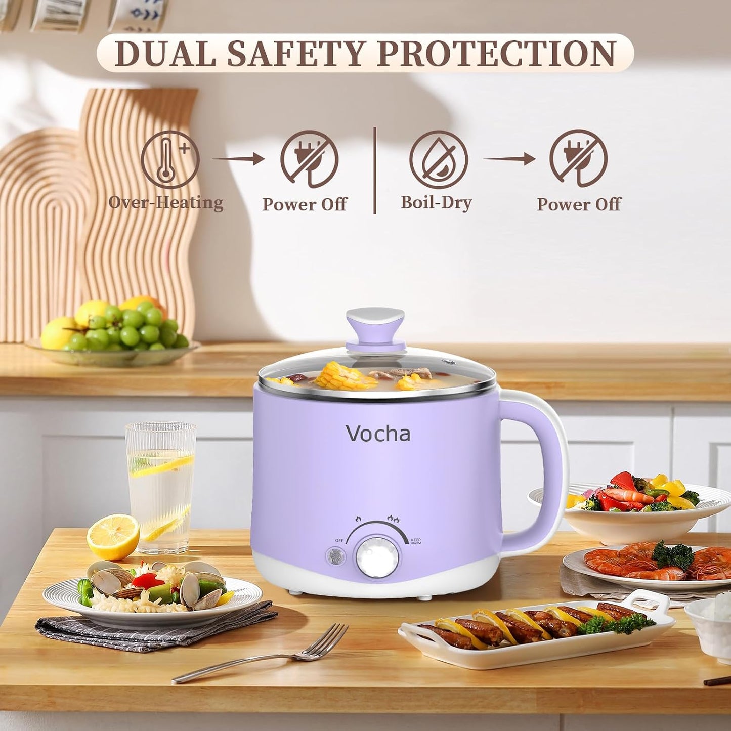 Vocha Electric Hot Pot 1.6L 600W Keep Warm Function Portable Travel Cooker Purple V016